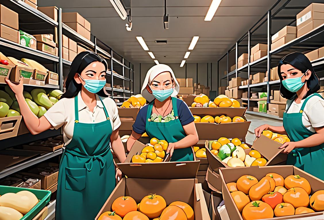 A diverse group of volunteers in aprons and face masks, bustling around a stockroom filled with shelves of canned goods and fresh produce, symbolizing the hard work and dedication of food banks on National Foodbank Day..