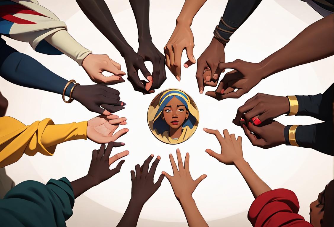 A diverse group of people holding hands in a circle, wearing attire from different historical eras, representing unity and freedom..