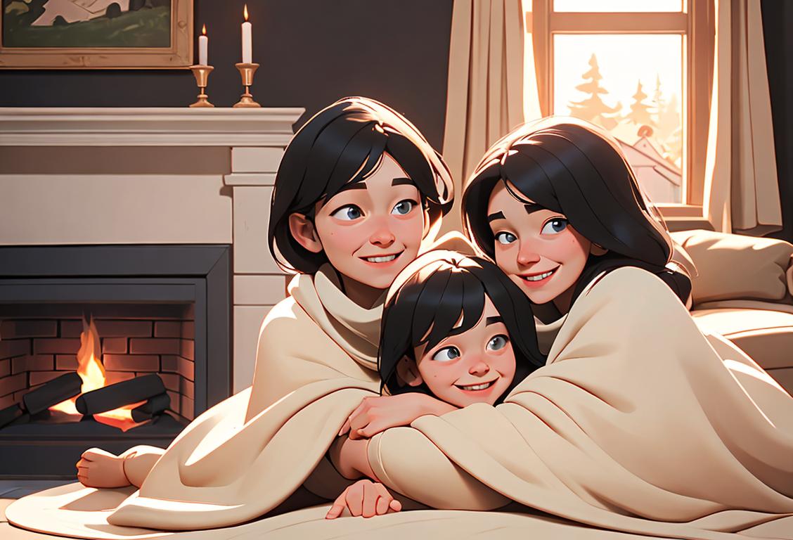 Happy family sitting under a cozy blanket, by a fireplace, with a smiling roof hovering over them..