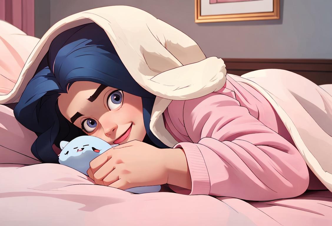 A cheerful person making their bed, wearing pajamas, in a cozy bedroom, with fluffy pillows and a neatly tucked duvet..