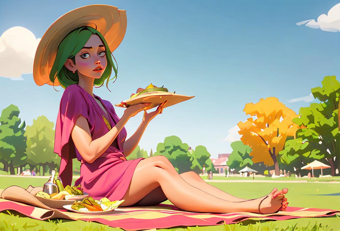 Young woman enjoying a spicy pickle guacamole wrap on a picnic blanket, sunny park setting, wearing a floppy hat and bohemian style attire..