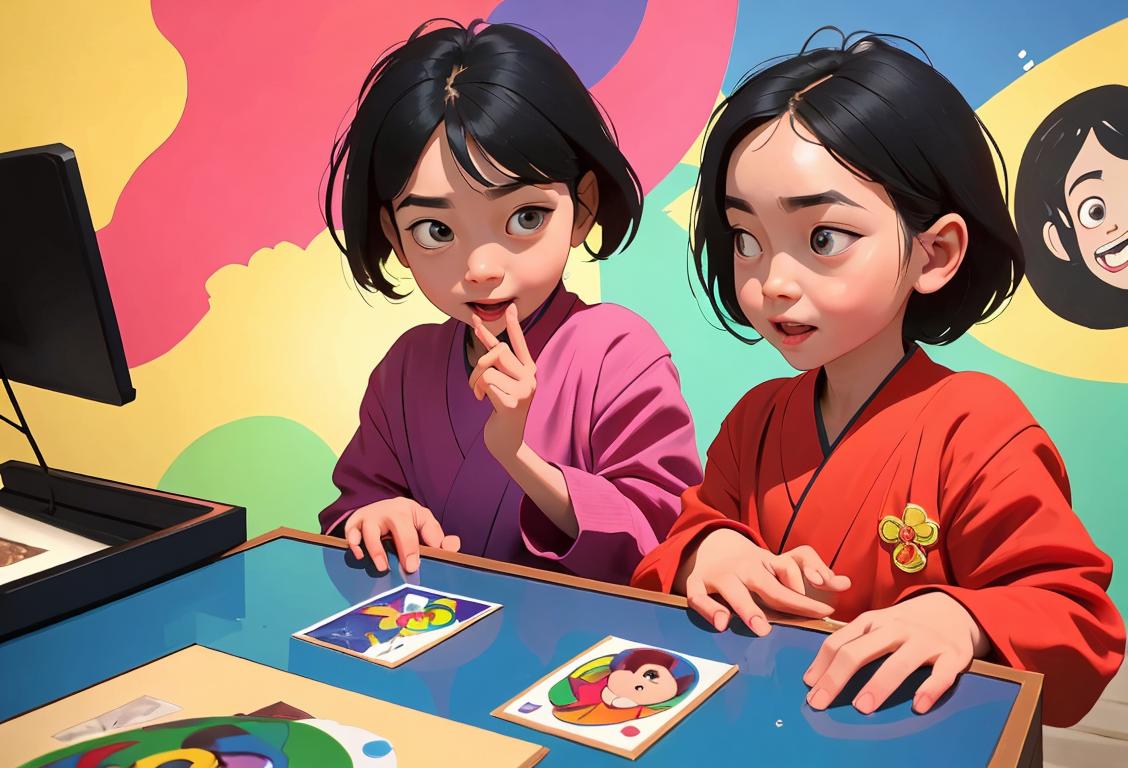 Young children with excitement, receiving CDs from friendly museum staff, wearing colorful clothes, vibrant museum backdrop..