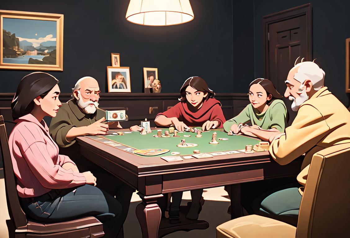 Group of diverse individuals gathered around a table, playing board games with enthusiasm. Casual attire and a cozy living room setting..