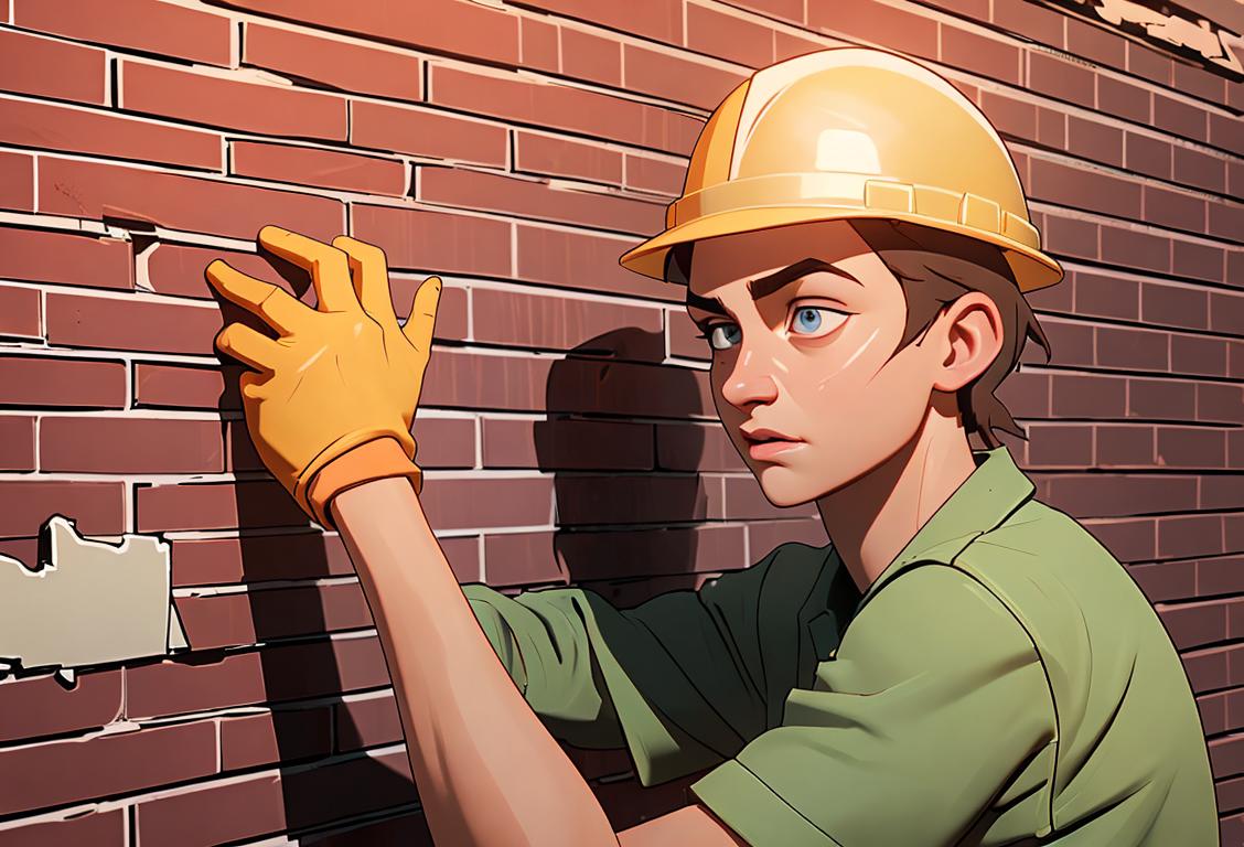 Image prompt of a person constructing a brick wall, wearing a hard hat and safety clothes, in a construction site setting..