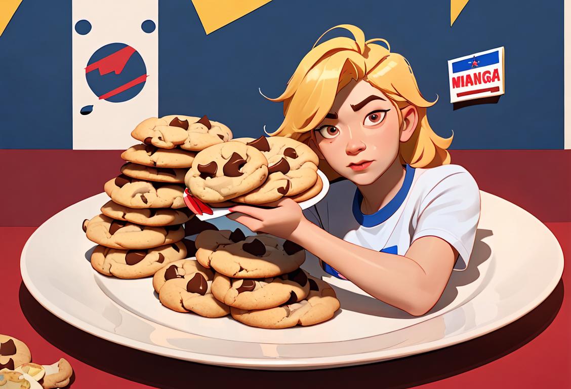 A person wearing a Yang Gang t-shirt, holding a plate of freshly baked cookies, surrounded by political campaign signs..