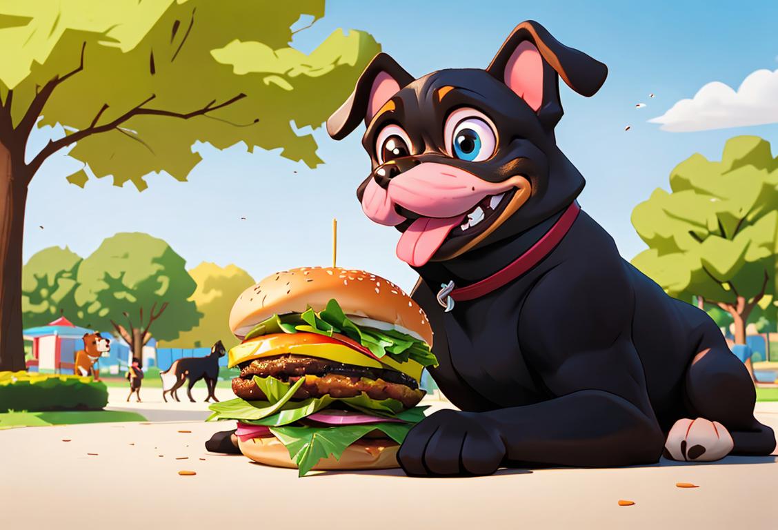 Happy dog owner enjoying a delicious burger with their furry friend, surrounded by a vibrant park scene..