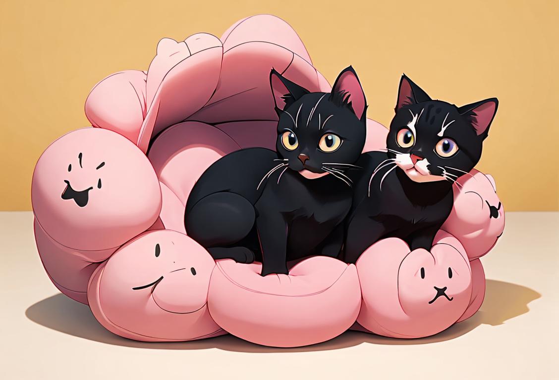 Happy person in a cozy sweater, sitting surrounded by cute cats in different colors and patterns, creating a warm and inviting atmosphere..