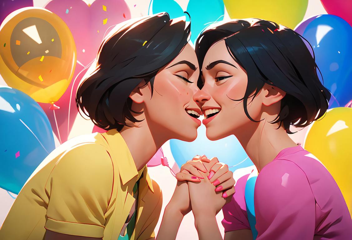 Two women holding hands, surrounded by a diverse group of people, celebrating with balloons and confetti, joyful and supportive atmosphere..