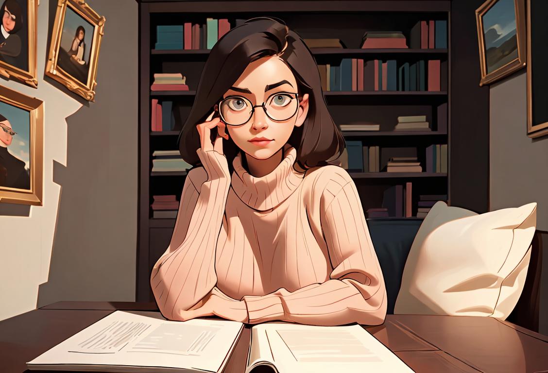 Woman sitting in a cozy nook, surrounded by books and silence, wearing chic glasses and a comfy sweater..