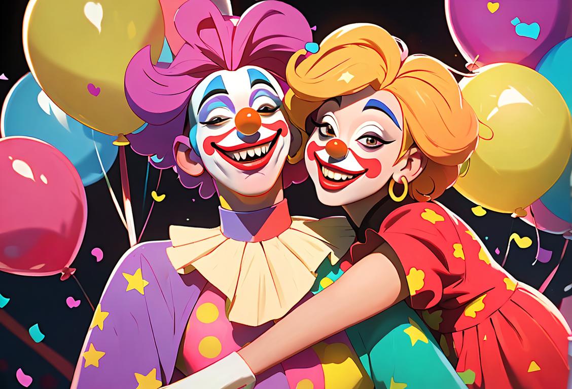 A joyful couple dressed as clowns, holding hands, in a colorful carnival setting with balloons and confetti raining down..