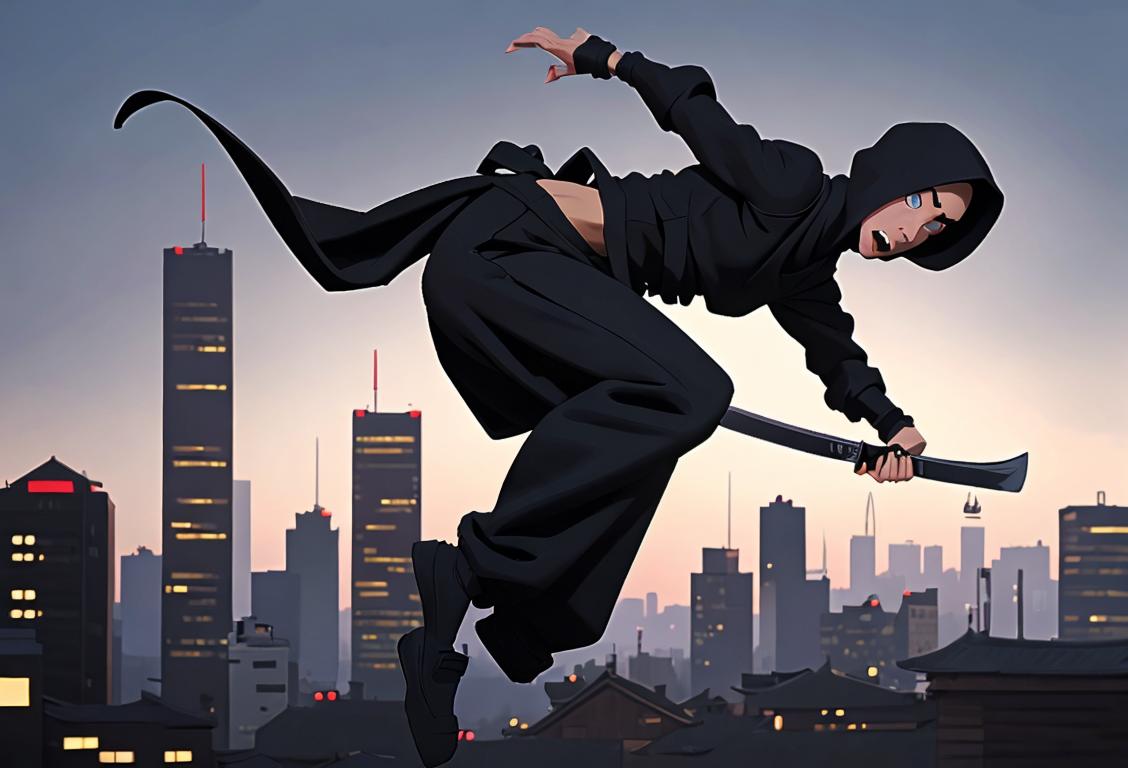 Stealthy ninja wearing black hoodie, performing a high jump with mysterious city skyline in the background..