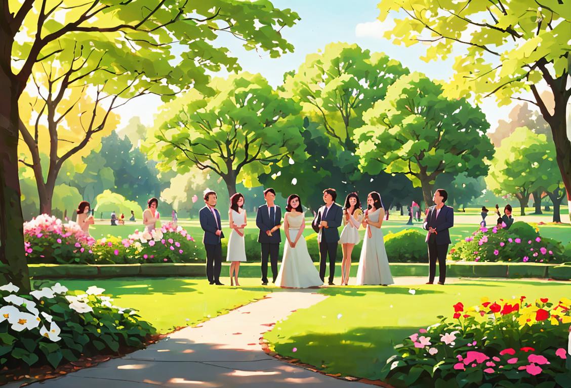 Group of diverse individuals singing joyfully in a park, wearing casual clothes, surrounded by trees and flowers..