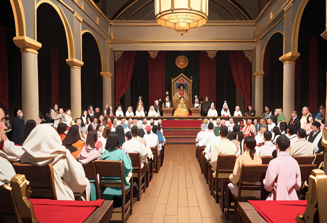 A diverse group of people from different backgrounds, dressed in traditional attire, gathering together in a grand assembly hall..