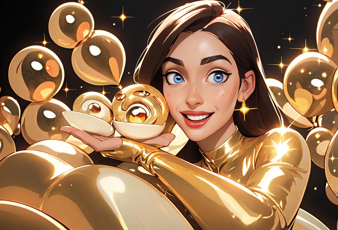 A joyful person surrounded by various shiny objects, wearing a sparkly outfit, in a glamorous and dazzling setting..