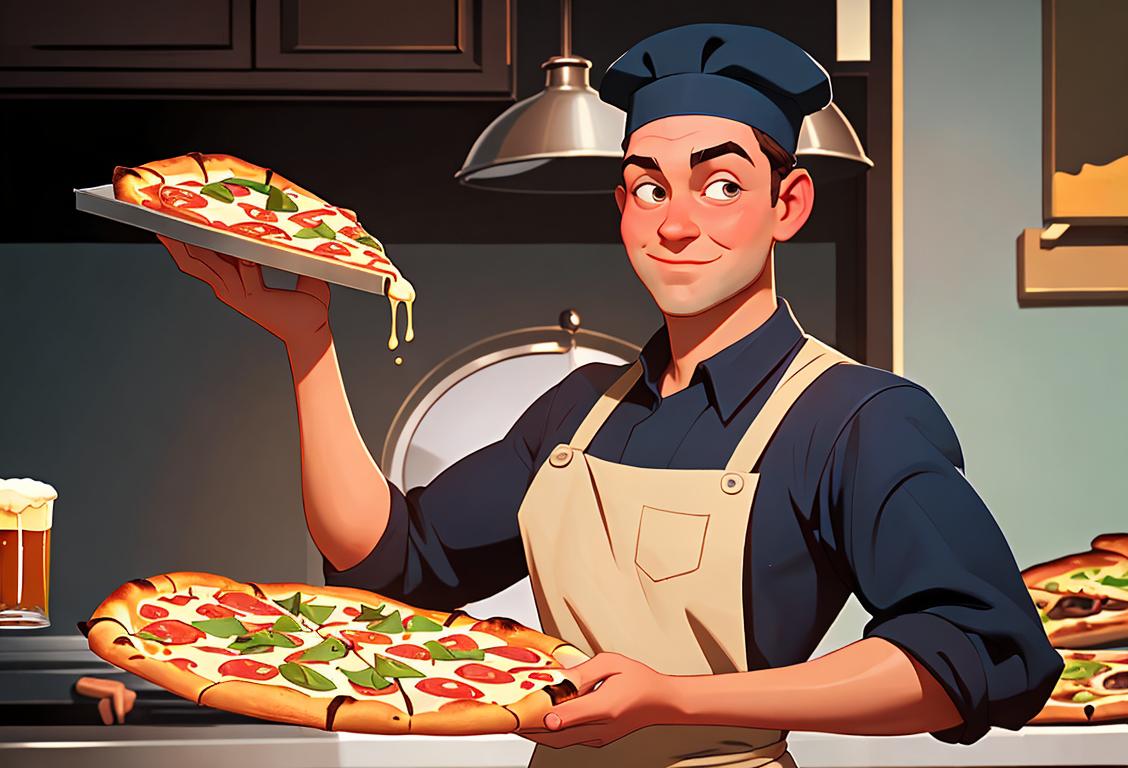 Friendly young man wearing a chef hat and apron, holding a delicious pizza while toasting with a frosty beer. Kitchen setting with vintage style decor..