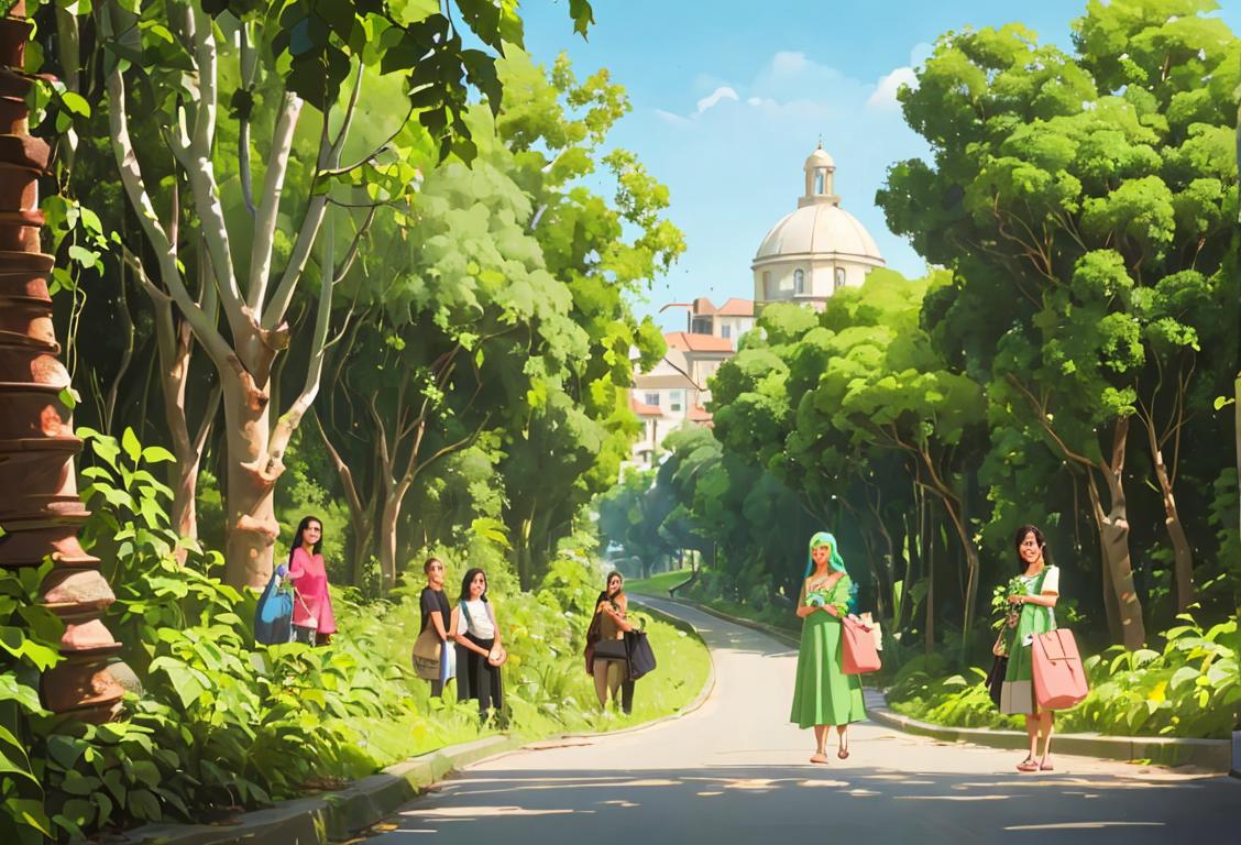 A group of diverse people in trendy eco-friendly outfits, surrounded by lush greenery and sustainable urban infrastructure..