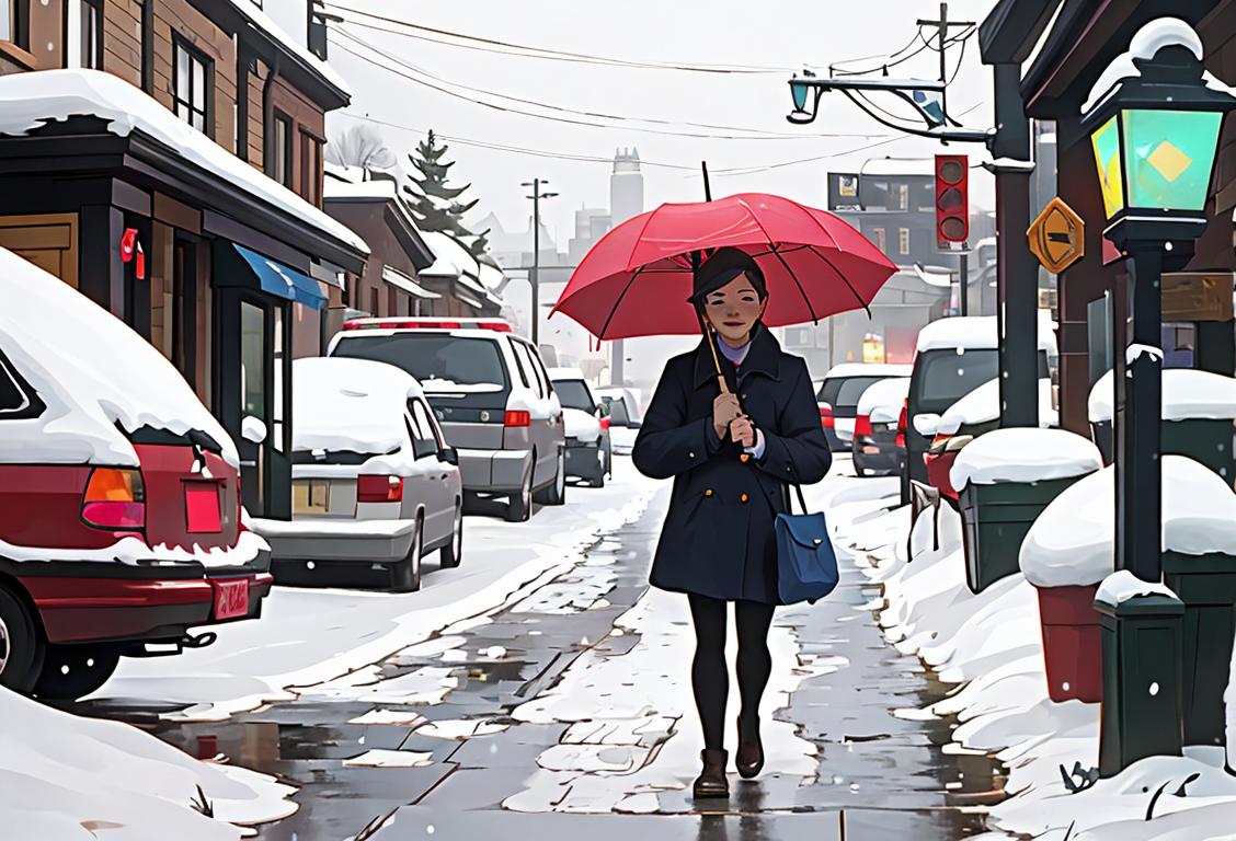A friendly postal worker carrying a mailbag, braving the elements with a colorful umbrella, surrounded by a diverse cityscape..
