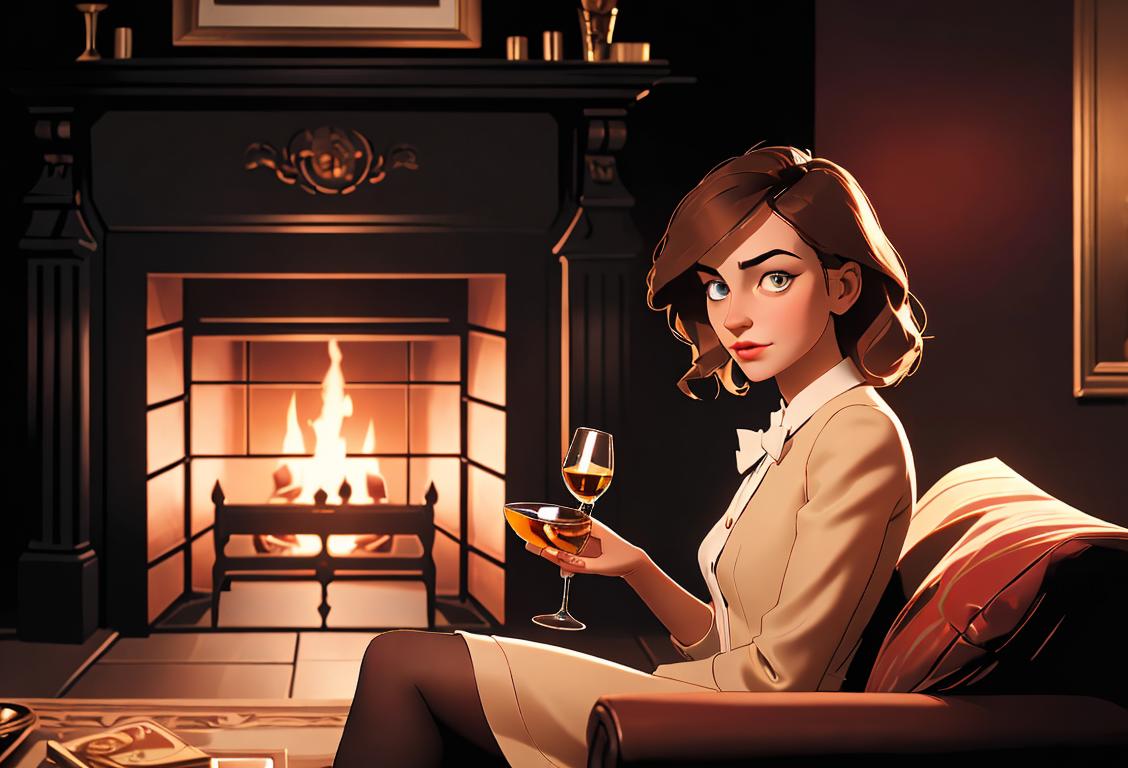 Young woman holding a glass of scotch whisky, elegant attire, cozy fireplace, surrounded by shelves of whisky bottles..
