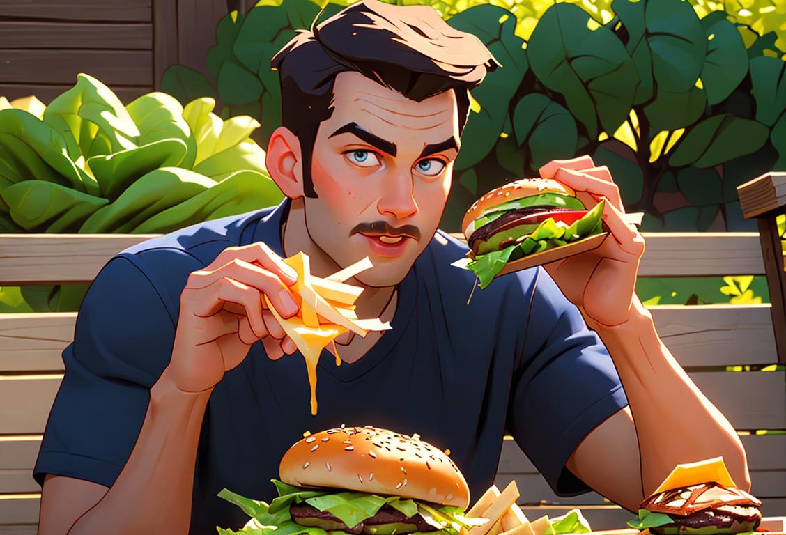 Young man holding a delicious beef burger with melting cheese and crispy lettuce, wearing a classic American t-shirt, backyard barbecue setting..
