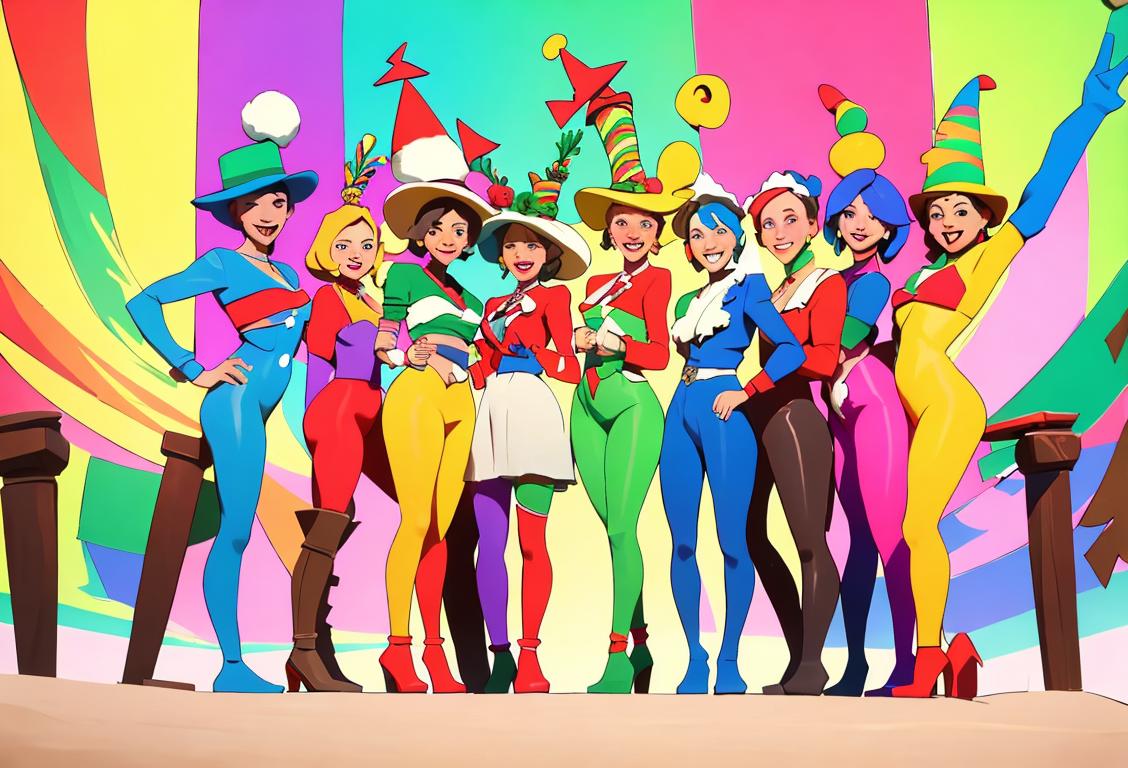 Festive group of friends wearing funny hats, holding various props, standing in front of a colorful backdrop, celebrating National Anything Day with enthusiasm..