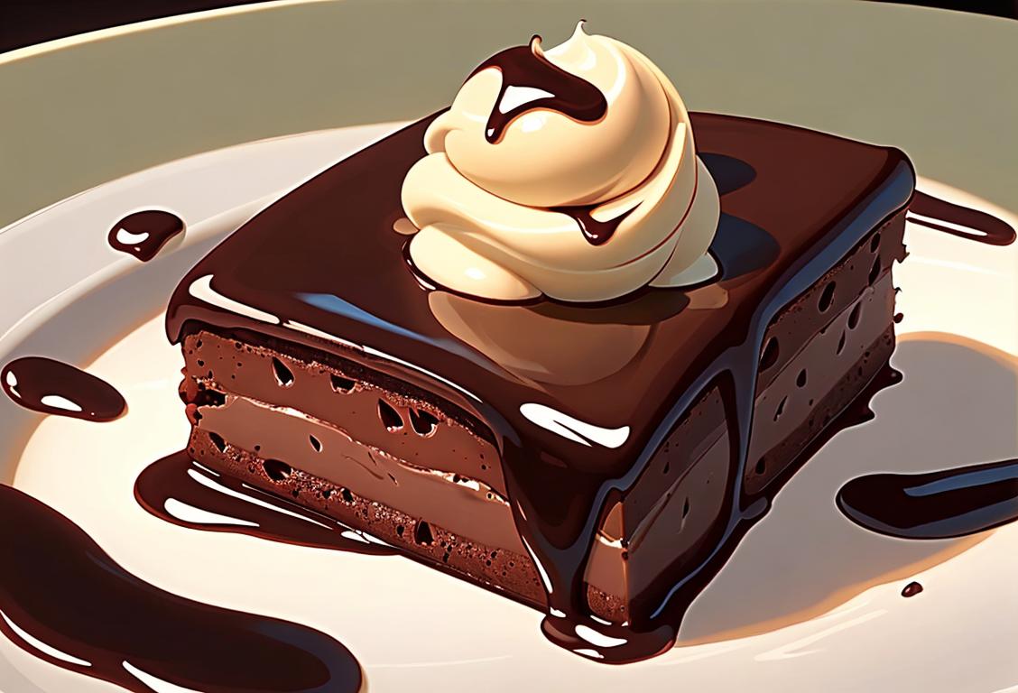 A close-up photo of a chocolate brownie, gooey and rich, topped with a scoop of vanilla ice cream and drizzled with chocolate sauce, set against a cozy kitchen backdrop..