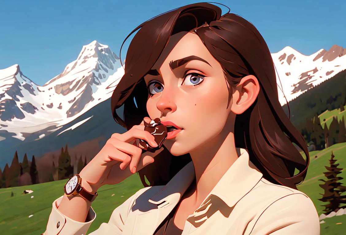 Young Swiss woman eating delicious chocolate, wearing a Swiss watch, surrounded by majestic mountains and alpine lakes..