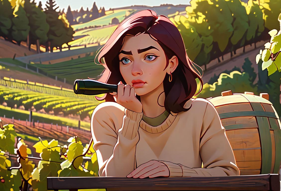 Person holding a wine glass and pouting, dressed in a cozy sweater, rustic winery scene with vineyards and barrels in the background..