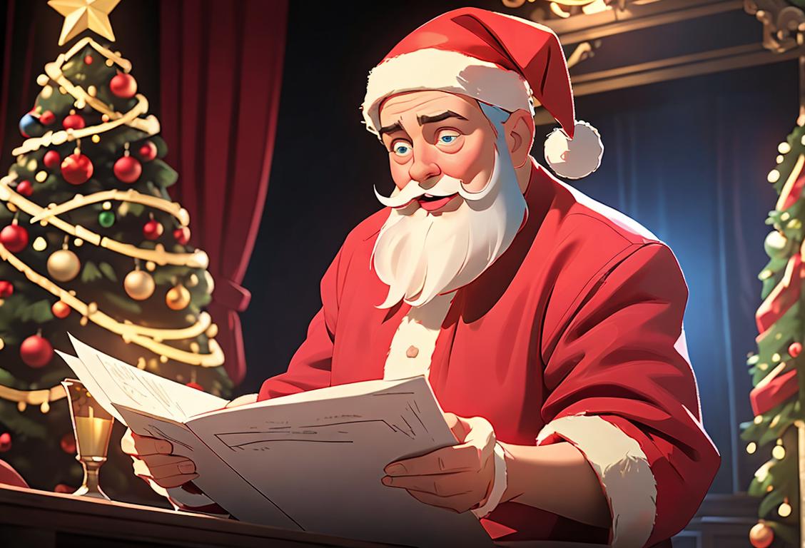 Joyful actor wearing a Santa hat, holding a script, surrounded by colorful stage lights and festive decorations..