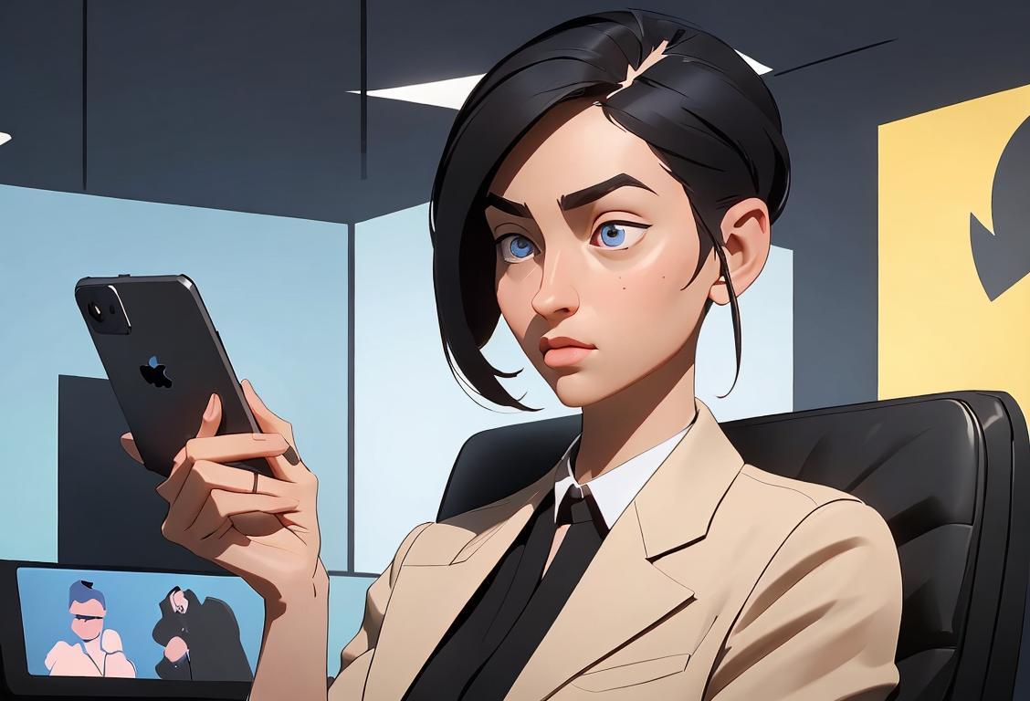 A person holding a smartphone, looking contemplative, with a virtual unfollow button hovering above their social media feed. Modern office setting, trendy clothing..