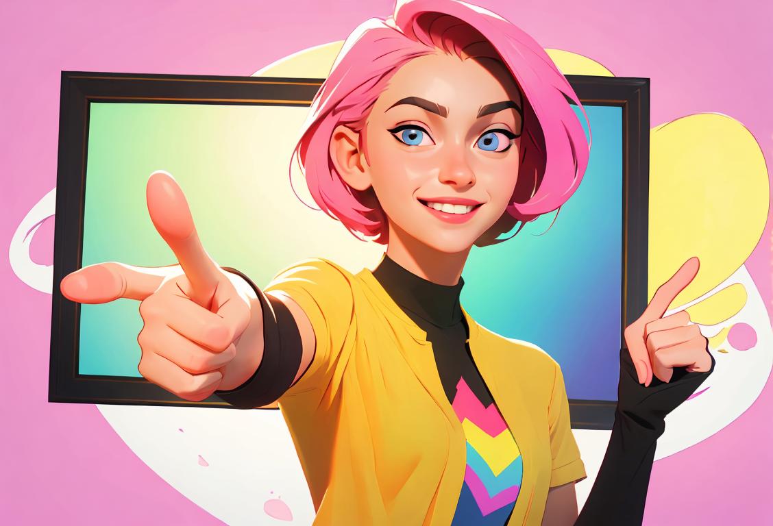 Young woman holding a photo frame, smiling and pointing at it, wearing casual clothing, bright and colorful background..