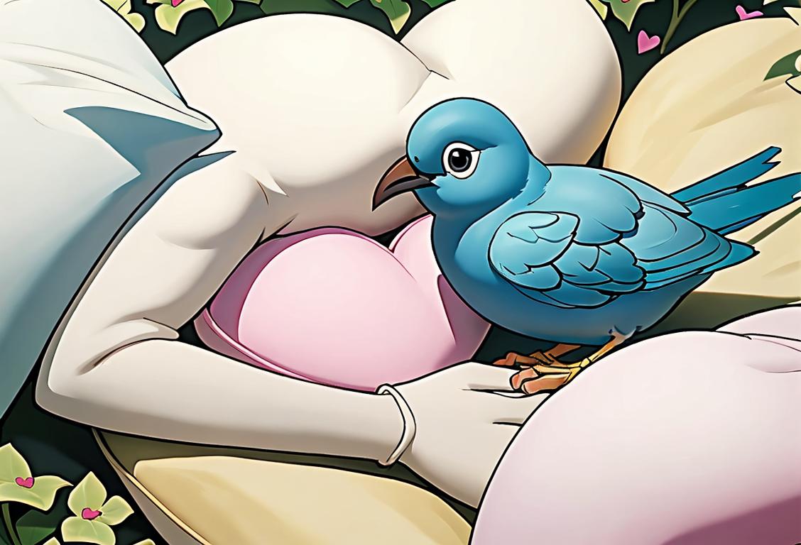 A gentle heart-shaped image of two bird feathers, one white and one colored, gently resting on a pillow amidst a peaceful garden scene..