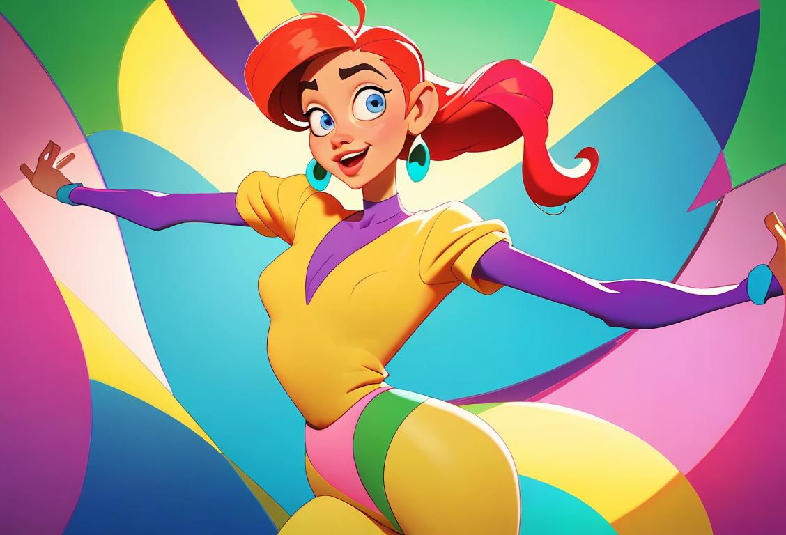 Cartoon characters in vibrant costumes, dancing on a colorful backdrop, with a mix of classic and modern animation styles..