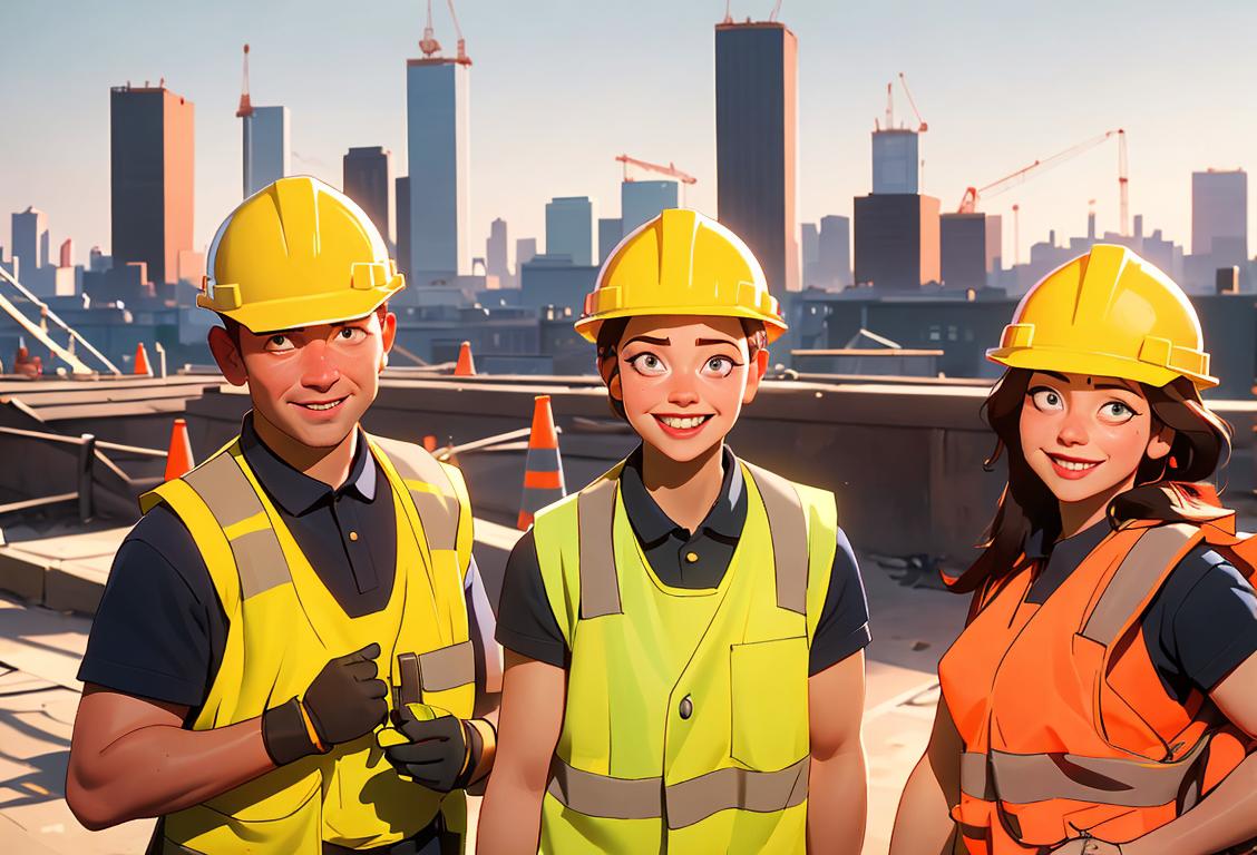 A cheerful group of people, dressed in safety vests and hard hats, working together at a construction site with a vibrant city skyline in the background..