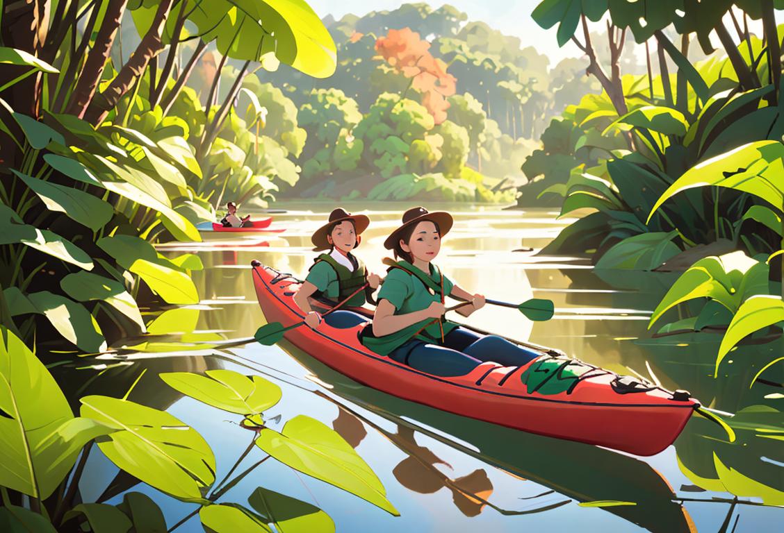 A group of diverse individuals in vibrant clothing kayaking in a beautiful estuary, surrounded by lush greenery and colorful wildlife..