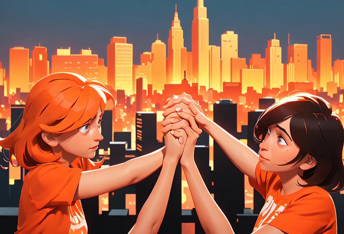 A diverse group of people wearing orange t-shirts, holding hands, with a city skyline and puzzle pieces in the background..