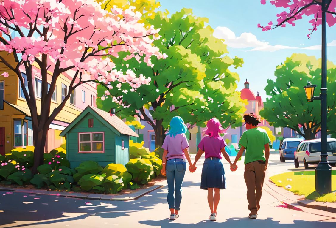Happy diverse group of people holding hands in front of a colorful community building, wearing casual clothes and surrounded by trees and flowers..