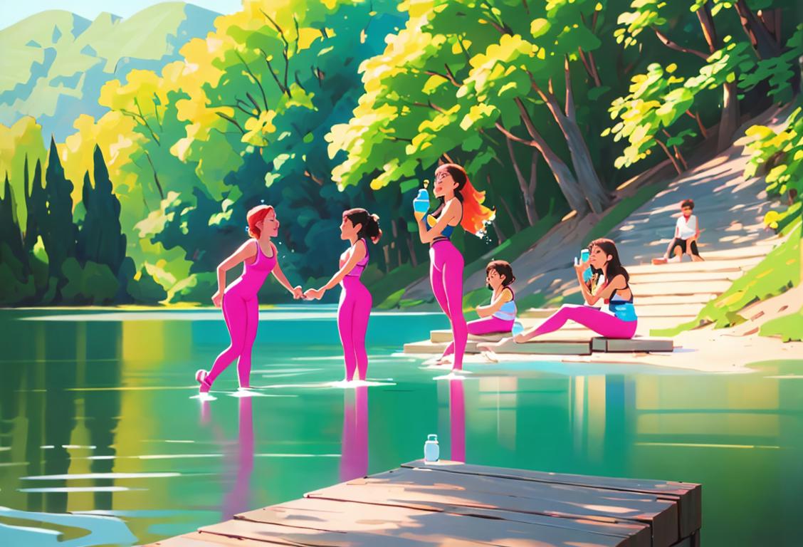 A group of diverse people joyfully drinking water bottles outdoors, wearing active wear, surrounded by nature and vibrant scenery..