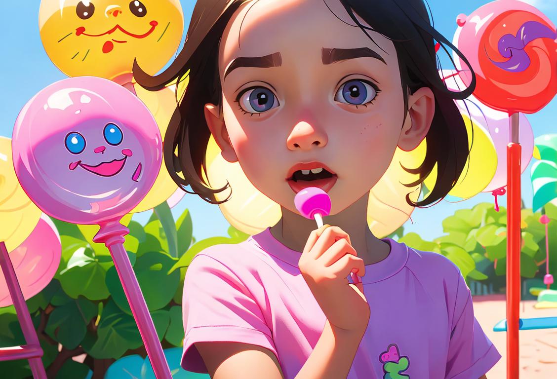 Young child with a lollypop in hand, wearing a colorful shirt, playground setting, surrounded by cheerful friends..
