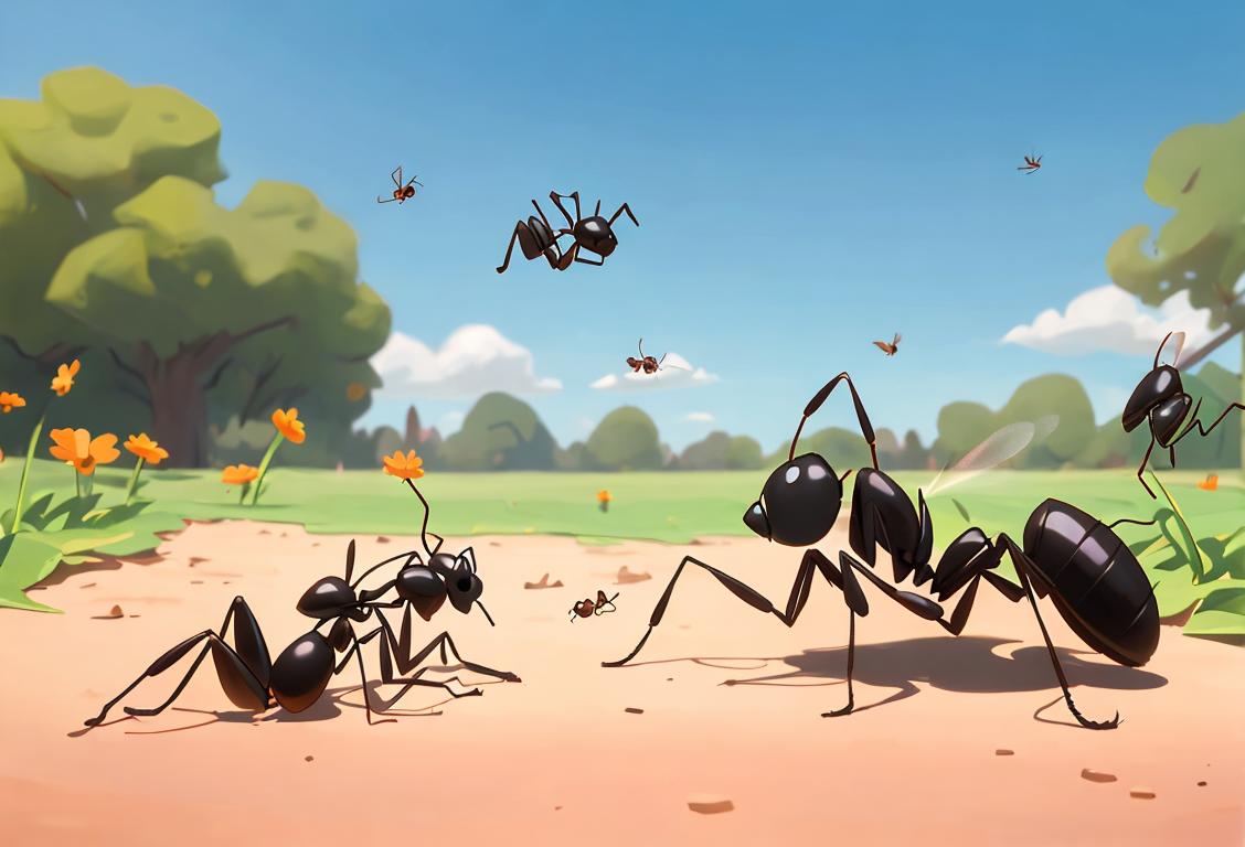 Young woman with pilot hat, surrounded by flying ants, holding bug spray, outdoor park setting..