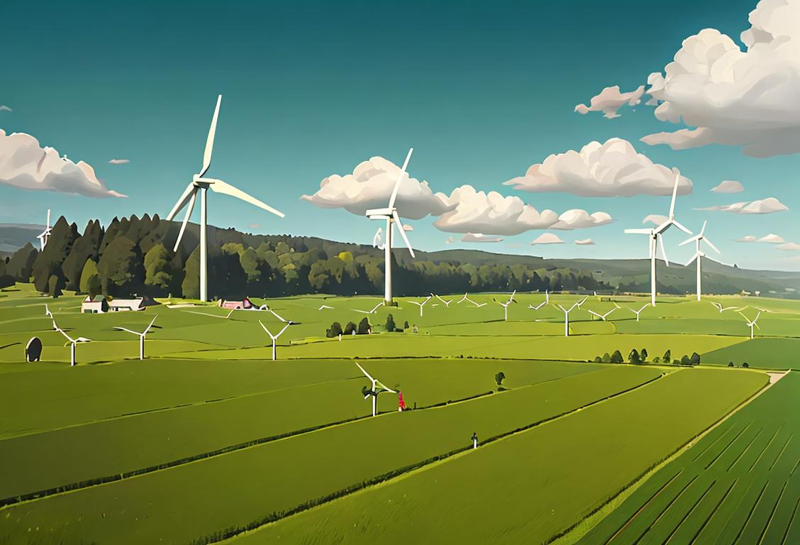 A diverse group of people, wearing eco-friendly clothing, holding solar panels and wind turbines, standing in a green meadow..
