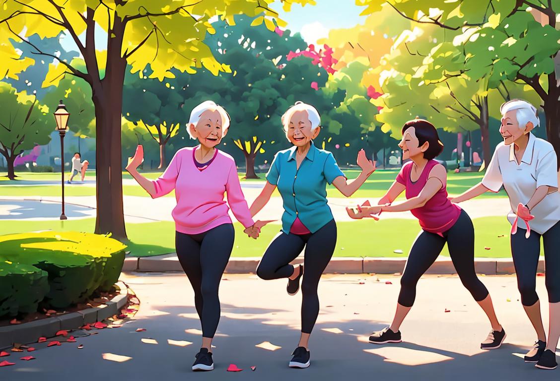 A group of joyful seniors participating in various healthy activities, such as yoga, walking in a park, and enjoying nutritious meals together..