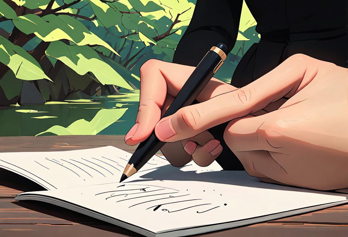 A person holding a pen, surrounded by nature, with their face demonstrating deep thought and focus..