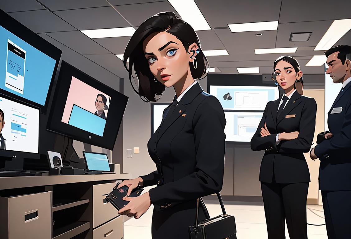 Smartly dressed woman with earpiece, holding a briefcase, standing in front of a high-tech control room, surrounded by security personnel..
