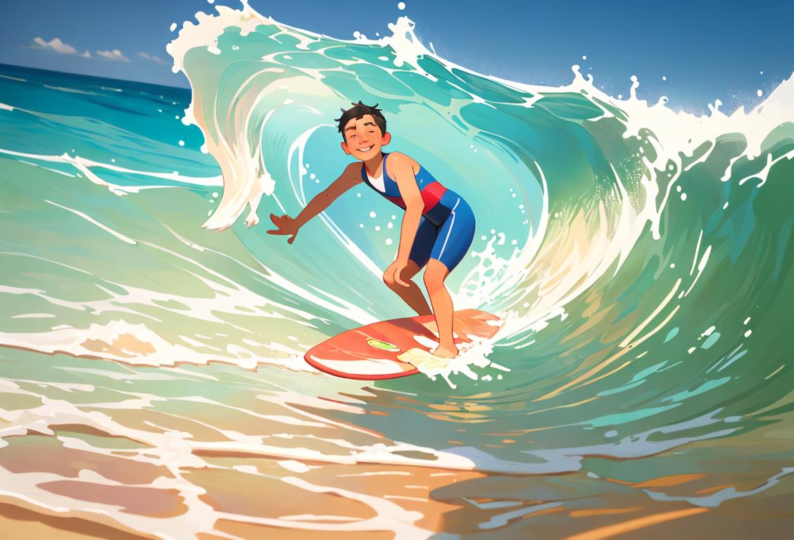 Young boy riding a colorful wave, wearing swim shorts, tropical beach setting, with a smile on his face..
