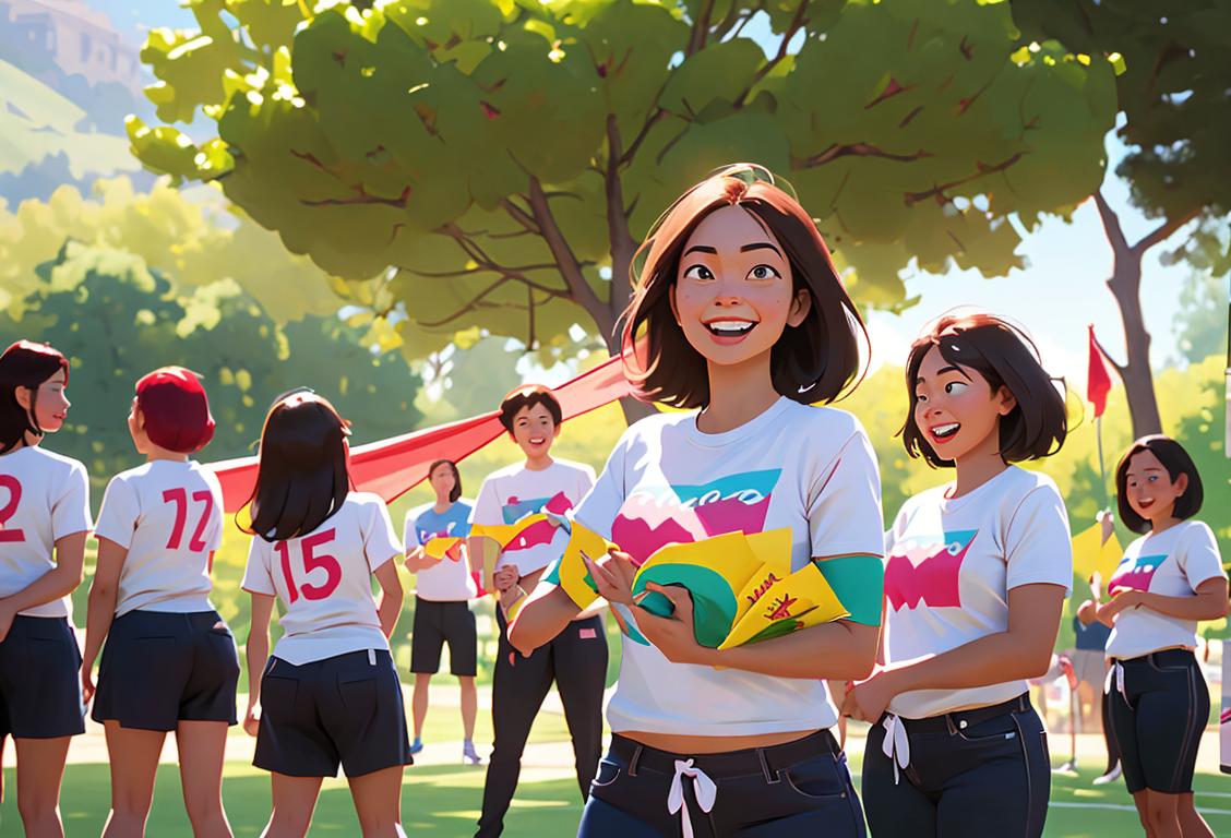 Group of diverse people wearing matching t-shirts, holding fundraising banners, surrounded by cheerful supporters and a scenic park backdrop..