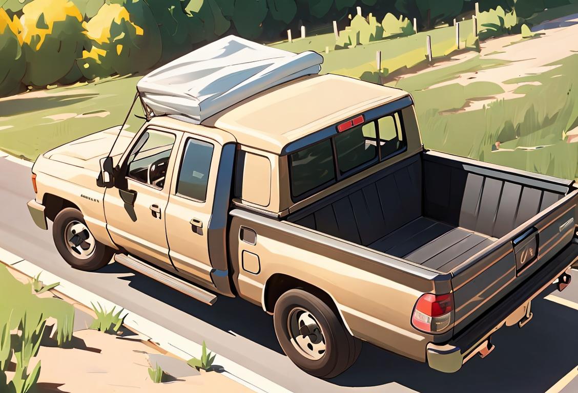 A person securing a load on a truck bed with bungee cords and tie-downs, wearing practical clothing, in a sunny outdoor setting..