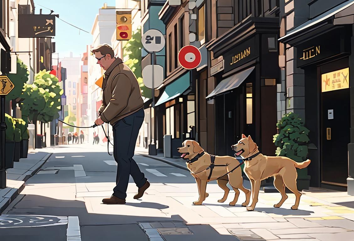 A guide dog wearing a harness, leading a visually impaired person, in a bustling city street..