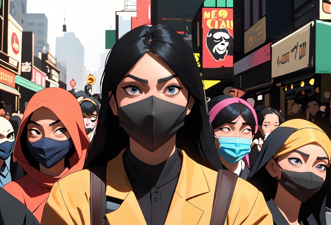 Diverse group of people wearing masks, with each person showcasing a unique mask style, in a bustling city scene..