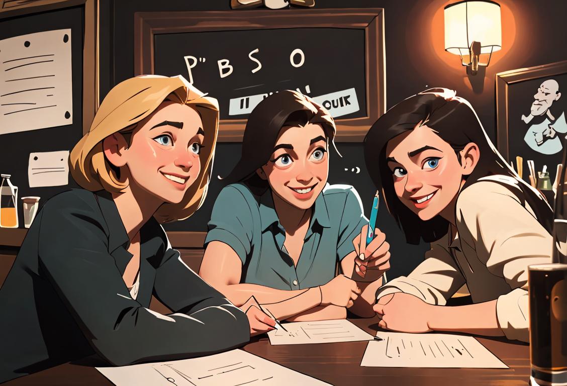 Group of friends, each holding a pen and paper, smiling and surrounded by pub signs and cozy atmosphere..