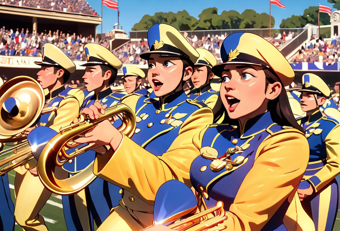 A vibrant marching band performing in a picturesque park, musicians in uniform, instruments gleaming, and joyful spectators..